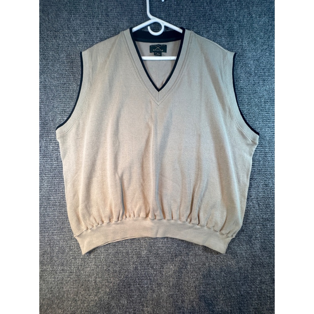 Harbor Bay Golf Men 2X‎ Tan Beige V-Neck Cotton Knit Sweater Vest Black Trim